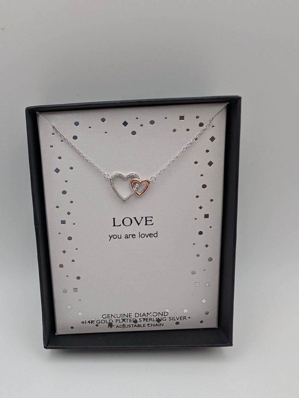 NWT Genuine Diamond Interlocking Double Heart Necklace 14K Gold Plated 925